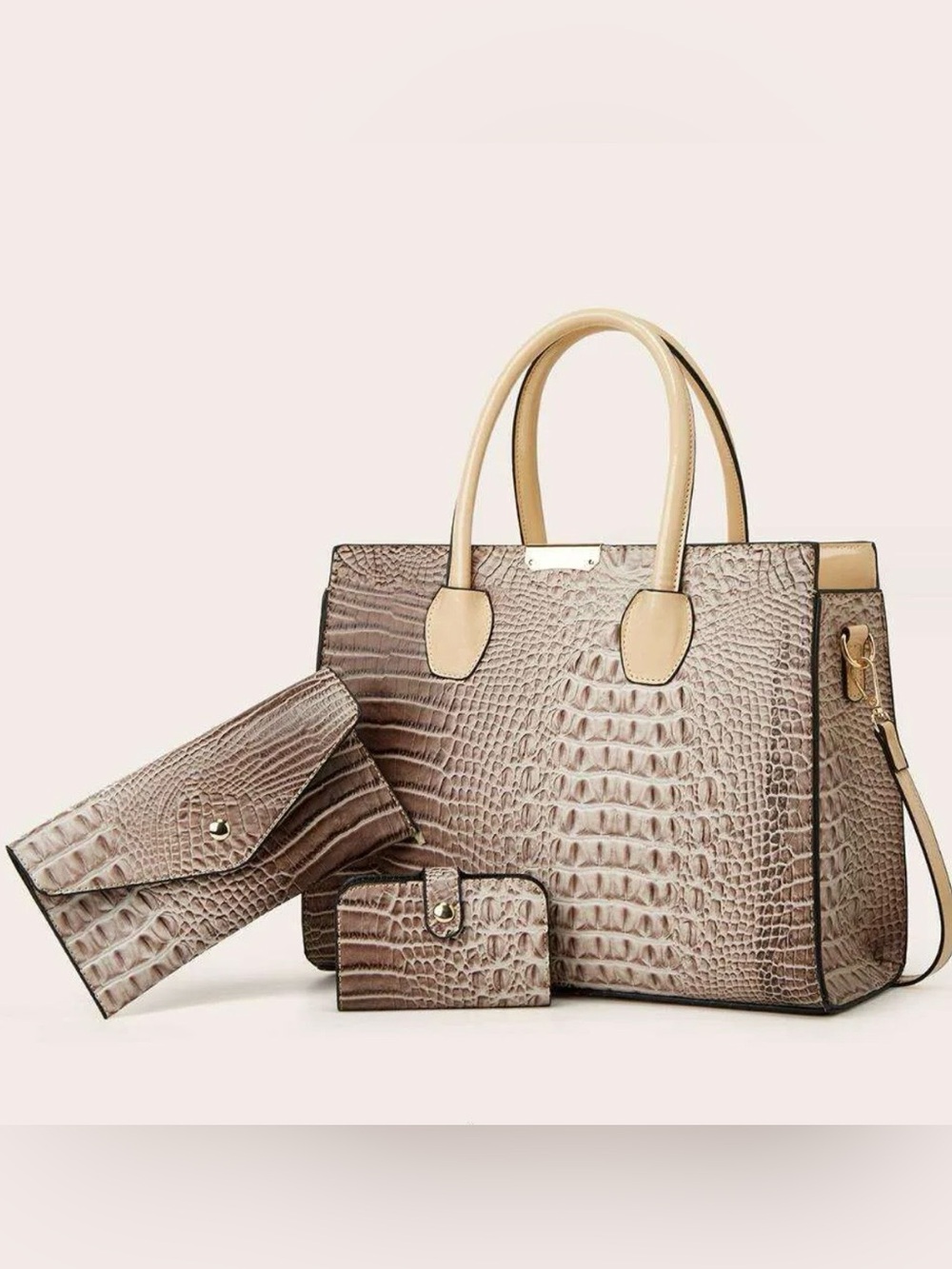 Crocodile embossed top handle satchel bag - taupe/cream